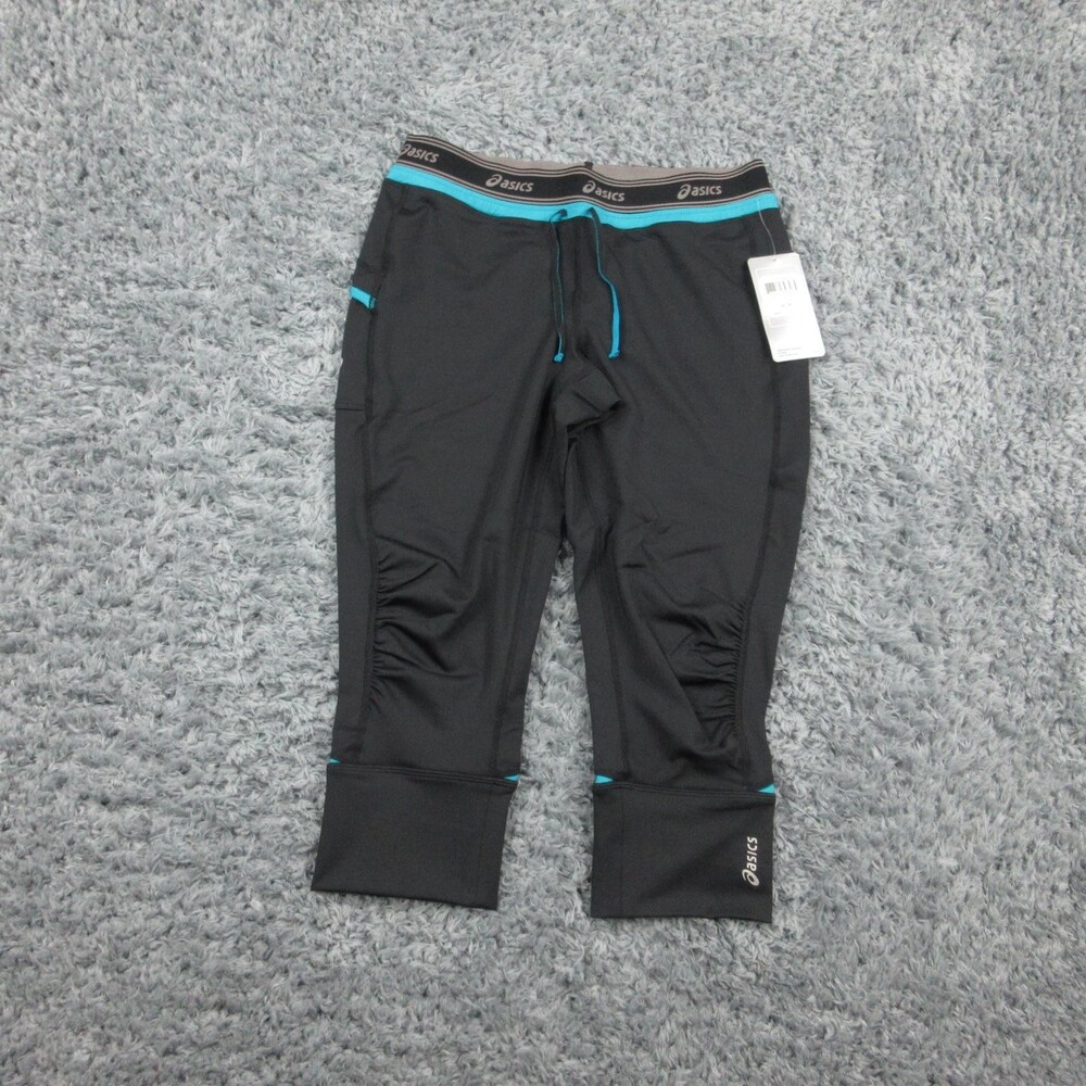ASICS Abby Cuff Capri Pants Womens Medium Black Blue Athletic Gym 28x19.5* NWT